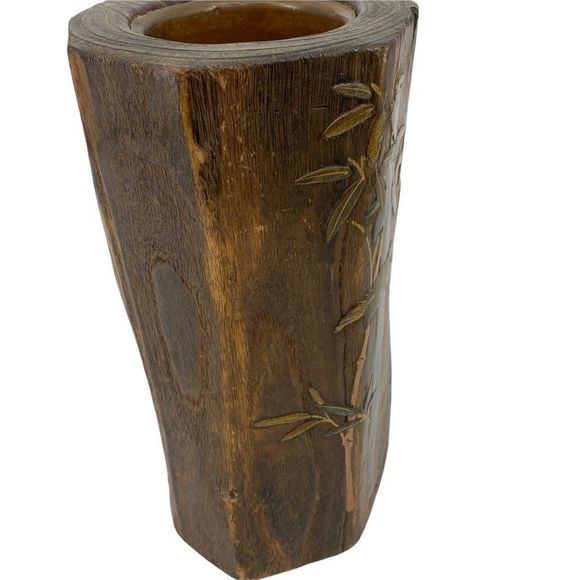 Asian Hand Carved Wood Brush Pot Vase Bamboo Painting 0792 - Picture 9 of 9